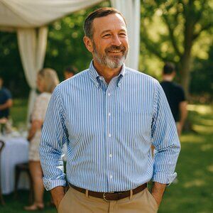 Lands End Men's Dress Shirt 15.5/34 Blue/White Stripe 100% Cotton